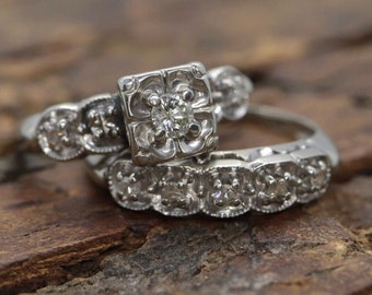 Conjuntos de anillos de novia con banda a juego, conjunto de anillos de boda de estilo antiguo real, diamante de 1,4 quilates, oro blanco de 14 quilates, conjunto de anillos de promesa, regalo de dama de honor