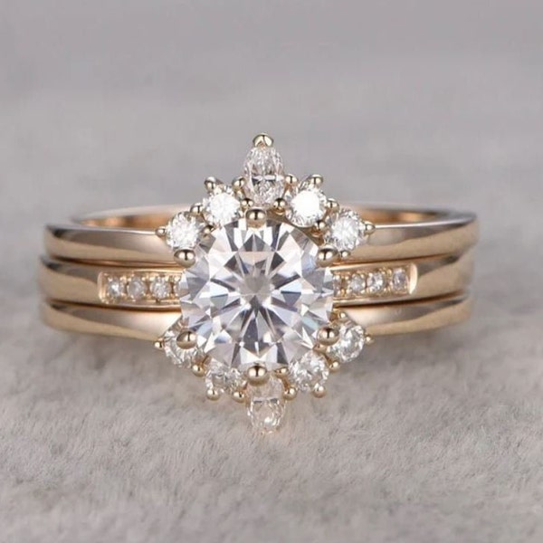 Trio Ring Set, Wedding Ring Set, 14K Rose Gold Plated, 2.2CT Colorless Moissanite, Bridal Ring Set, Engagement Ring Sets, Bridesmaid Gift