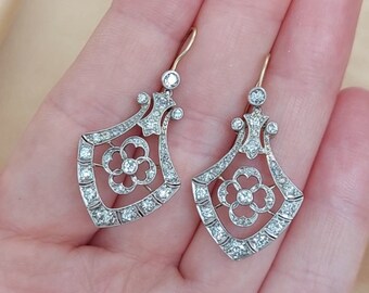 Vintage Art Deco Earrings, Antique Dangle Earrings, 1.98CT Round Diamond, 14K White Gold, Engagement Earrings, Ear Wire Earrings, Gifts Her