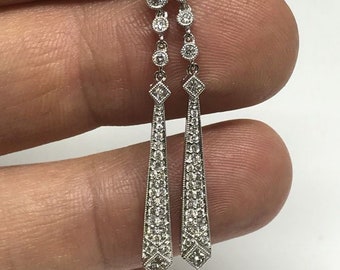 Edwardian Long Drop Earring, 3CT Diamond, 14K White Gold, Art Deco Wedding Earrings, Bridal Earrings, Retro Vintage Earrings, Estate Jewelry