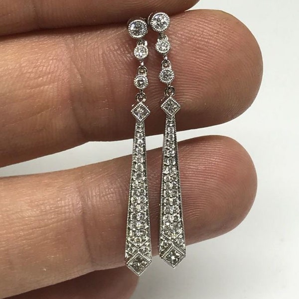 Edwardian Long Drop Earring, 3CT Diamond, 14K White Gold, Art Deco Wedding Earrings, Bridal Earrings, Retro Vintage Earrings, Estate Jewelry