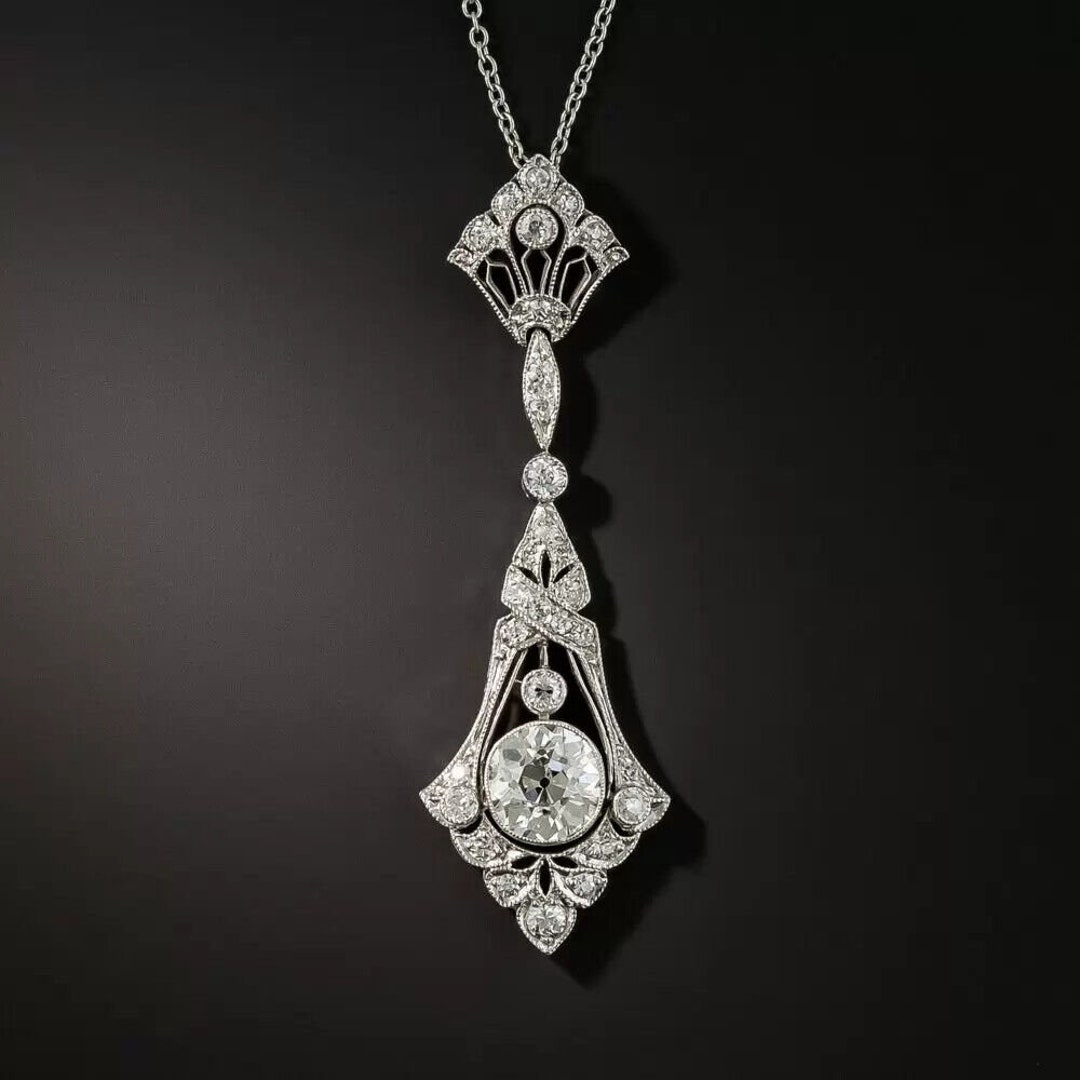 Royal Antique Art Deco Necklace 1.6 Ct Round Cut Diamond 14K - Etsy