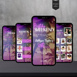 Birthday Weekend Itinerary, Weekend Trip Itinerary, Girls Trip Planner, Video Birthday Invite, Digital Itinerary Template, Tropical Vibes