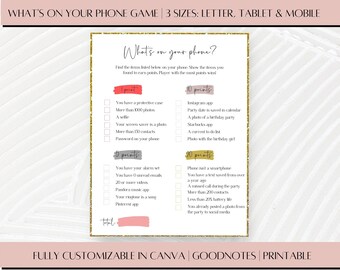 Puede incluir: Un juego imprimible "What's on Your Phone" en tamaños carta, tableta y móvil. El juego presenta una lista de elementos para encontrar en un teléfono y ganar puntos. El diseño incluye un borde dorado brillante y detalles en rosa.