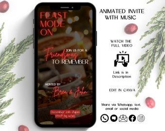 May include: A digital invitation on a smartphone screen for a Friendsmas celebration. The invitation is red and white with the text "Feast Mode On" and "Join us for a Friendsmas to Remember". The invitation is hosted by Brea & John and is scheduled for December 25th at 4pm with an RSVP deadline of 12/20.