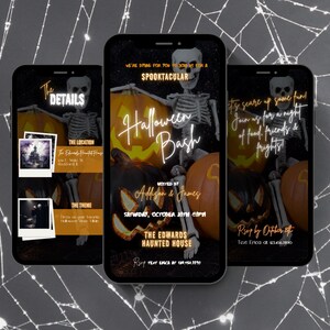 May include: A Halloween party invitation with a skeleton sitting on a pumpkin. The invitation is for a Halloween bash hosted by Addison & James at The Edwards Haunted House on Saturday, October 28th at 6pm. RSVP by October 27th by texting Erica at 1406789.