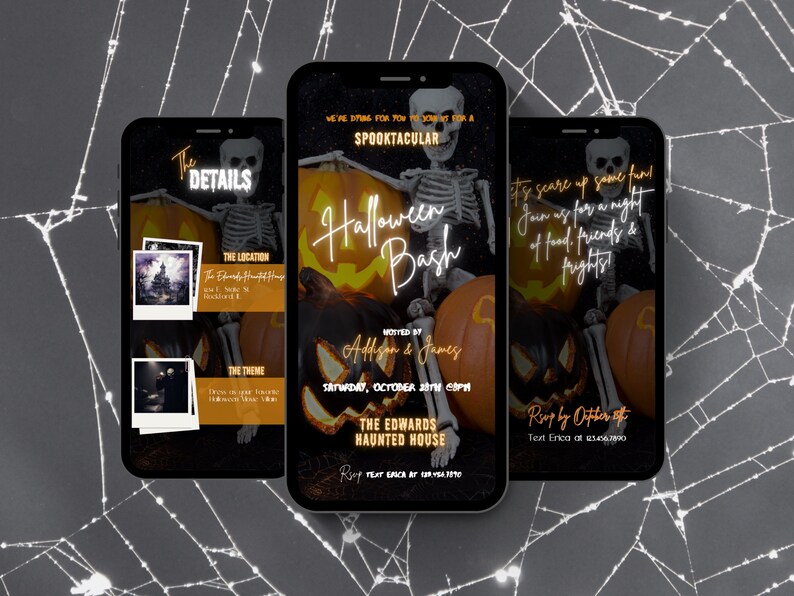 May include: A Halloween party invitation with a skeleton sitting on a pumpkin. The invitation is for a Halloween bash hosted by Addison & James at The Edwards Haunted House on Saturday, October 28th at 6pm. RSVP by October 27th by texting Erica at 1406789.