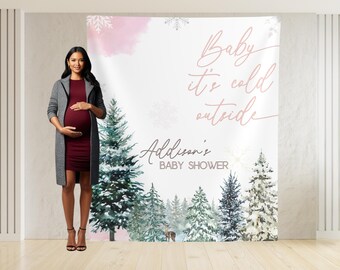 Winter Wonderland Baby Shower Backdrop: Pink Snowflake Design