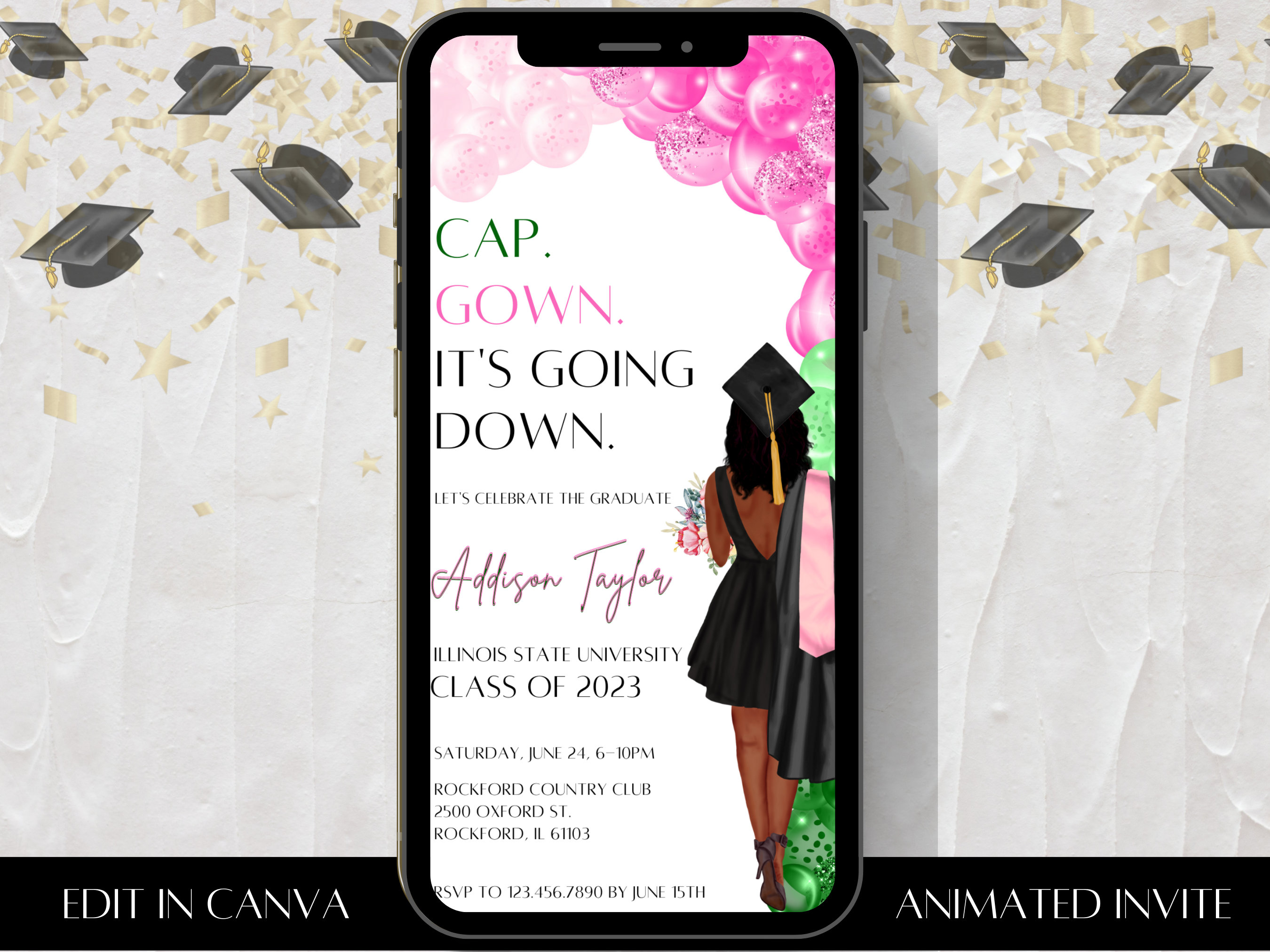 Pink Green Graduation Party Invitation Black Girl Graduate Etsy