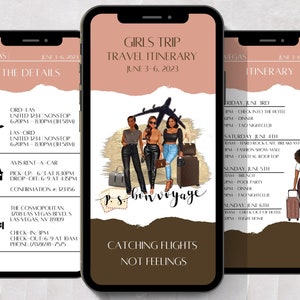 Modelo de itinerário de viagem Boho GIRLS para meninas negras, convite de viagem móvel, viagem de aniversário, itinerário de viagem, guia de viagem, Canva, SJD80