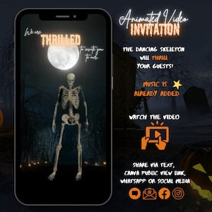 Dansen skelet video Halloween-uitnodiging, digitale Halloween-uitnodigingssjabloon, uitnodigingen voor Halloween-feest, geanimeerde begraafplaats uitnodiging