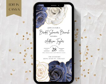 Invitación de brunch nupcial azul marino y dorado: Floral Evite (Descarga digital)