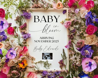 Baby in Bloom Pregnancy Announcement Digital, Editable Social Media Template, Pregnancy Gender Reveal, Spring Summer Girl Baby Reveal