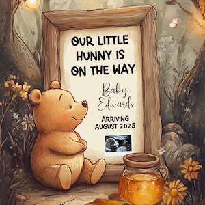 Annuncio di gravidanza di Winnie-the-Pooh digitale, annuncio del bambino dell'orso Pooh per i social media, presentazione del bambino a tema Pooh, tema gender neutral
