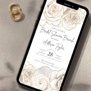 White & Gold Bridal Shower Brunch Invitation, Bridal Brunch Invitation, White Glam Roses Bridal Brunch Invite, Bridal Brunch,  SJC204