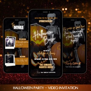 May include: A Halloween party invitation with a skeleton holding a jack-o-lantern. The invitation says "We're dying for you to join us for a Spooktacular Halloween Bash".