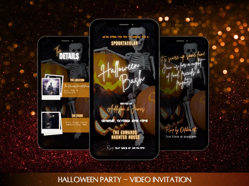 May include: A Halloween party invitation with a skeleton holding a jack-o-lantern. The invitation says "We're dying for you to join us for a Spooktacular Halloween Bash".