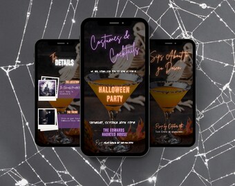 May include: Three smartphones displaying Halloween party invitations. The invitations feature a cocktail glass with orange liquid, the text "Costumes & Cocktails", and "Halloween Party". The background has a spiderweb design.