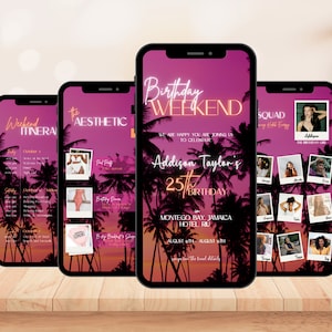 Birthday Weekend Itinerary Template, Weekend Trip Itinerary, Trip Planner, Video Birthday Invite, Pink Sunset and Palm Trees, Girls Trip