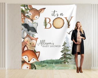 It's a Boy Woodland Animals Baby Shower Backdrop, Girl Woodland Animals Baby Shower Banner, Woodland Forest Animals Themed Baby Shower Decor