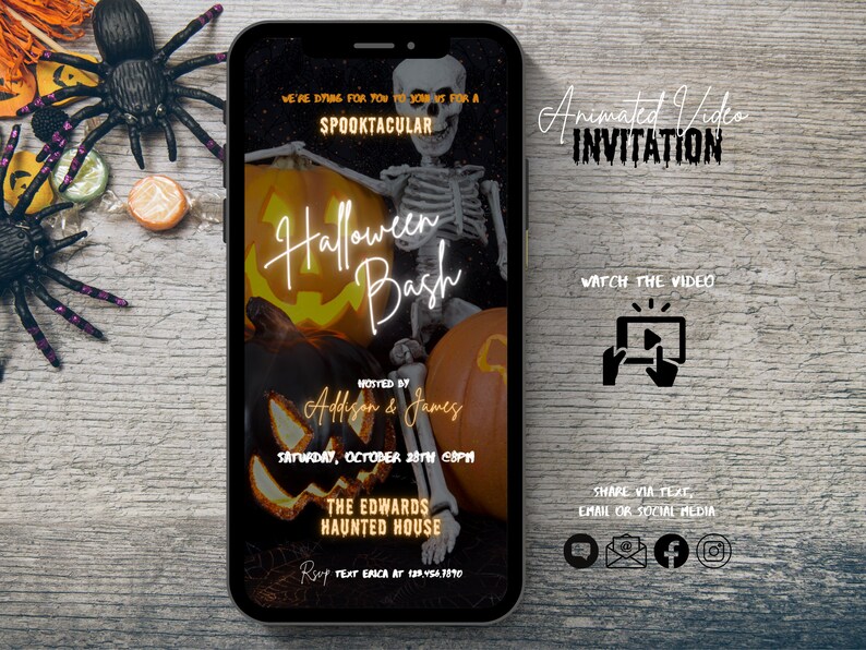 May include: A smartphone screen displaying a Halloween party invitation with a spooky animated video. The invitation features a jack-o'-lantern, a skeleton, and the text "Halloween Bash" with the hosts' names, date, and time. The invitation also includes instructions to watch the video and share it via text, email, or social media.