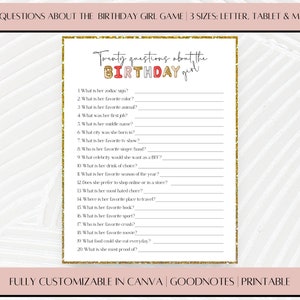 Twenty Questions About the Birthday Girl Game, Birthday Party Games, Instant Download, Editable, 21st Birthday, 30th Bday, Pink Gold SJC120