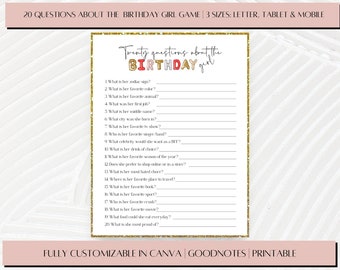 Puede incluir: Un juego de cumpleaños imprimible con el texto "Veinte preguntas sobre la cumpleañera". El juego incluye 20 preguntas para completar. El diseño presenta un borde dorado con purpurina y está disponible en tamaños carta, tableta y móvil.