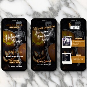 May include: A Halloween party invitation with a spooky skeleton and jack-o'-lantern. The invitation reads "Halloween Bash" and includes the date, time, and location: "Saturday, October 28th, 2018, 6:00 PM, The Edwards Haunted House".