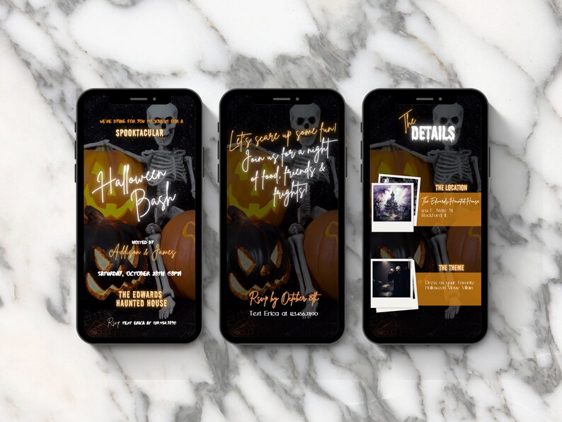 May include: A Halloween party invitation with a spooky skeleton and jack-o'-lantern. The invitation reads "Halloween Bash" and includes the date, time, and location: "Saturday, October 28th, 2018, 6:00 PM, The Edwards Haunted House".