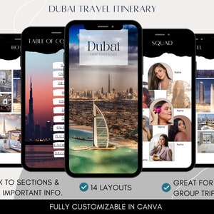 Modelo de itinerário de viagem para celular, modelos de agente de viagens, itinerário de viagem de Dubai, guia de viagem em grupo, modelo de itinerário de viagem editável