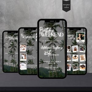 Birthday Weekend Itinerary Template, Weekend Trip Itinerary, Trip Planner, Video Birthday Invite, 40th Birthday, Minimal Tropical Itinerary