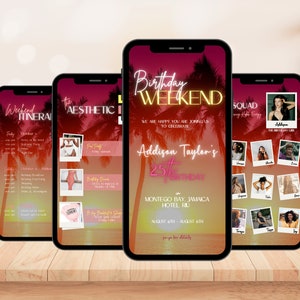 Birthday Weekend Itinerary, Weekend Trip Itinerary, Girls Trip Planner, Video Birthday Invite, Digital Itinerary, Tropical Pink Yellow Vibes