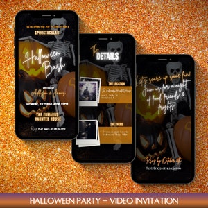 May include: A Halloween party invitation on a smartphone screen. The invitation features a skeleton holding a jack-o-lantern with the text "Halloween Bash" and "Let's scare up some fun! Join us for a night of food, friends & frights!"