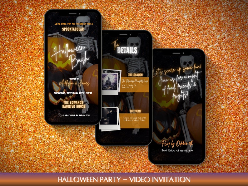 May include: A Halloween party invitation on a smartphone screen. The invitation features a skeleton holding a jack-o-lantern with the text "Halloween Bash" and "Let's scare up some fun! Join us for a night of food, friends & frights!"