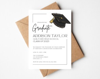 May include: A graduation announcement card featuring a black and gold graduation cap illustration. The text reads "Announcing Graduate Addison Taylor Guilford High School Class of 2023".