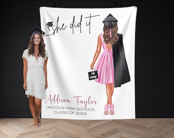 Custom Graduation Girl Backdrop, College Grad Decor, PhotoBooth Backdrop, Personalized graduation banner, High School, Class of 2025 banner