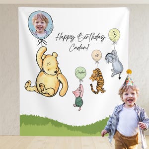 Classic Winnie the Pooh Birthday Banner, Personalized Classic Pooh and Friends Balloon Birthday Backdrop, Classic Pooh Decor, Pooh Banner