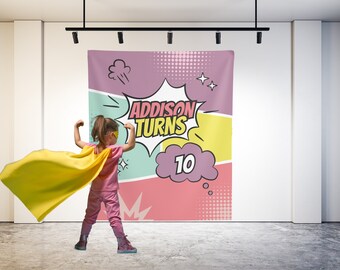 Custom Pink Superhero Birthday Backdrop: Personalized Party Decor