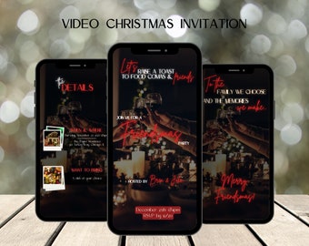 May include: A digital invitation for a Christmas party with the text "Let's raise a toast to food, coms & friends" and "Join us for a Friendsmas Party" with a red background and a photo of people raising glasses of wine. The invitation also includes the details of the party, such as the date, time, and RSVP information.