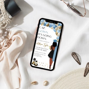 Black Girl Graduation Party Invite, Light Blue Gold Grad Party Evite