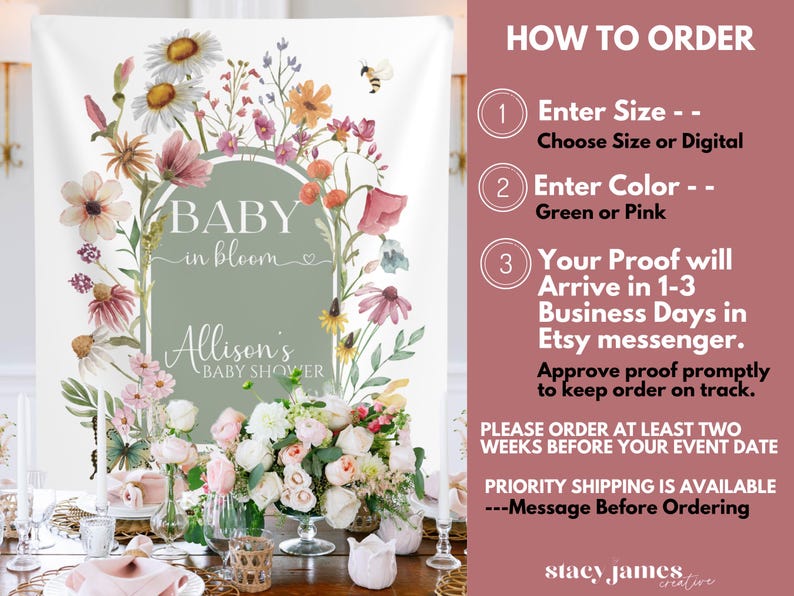 以下が含まれることがあります： 緑色の背景に「BABY in bloom」と「Allison's BABY SHOWER」の文字が書かれた、花柄のベビーシャワーの背景。背景は水彩画の花と緑で飾られています。