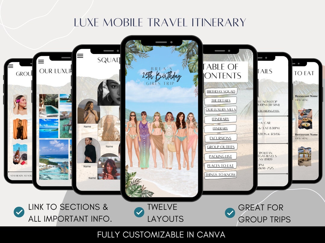 Travel Itinerary Template Mobile, Girls Trip Itinerary, Bachelorette