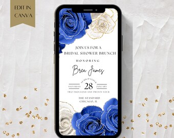 Invitación floral azul y dorada para brunch nupcial (descarga digital)