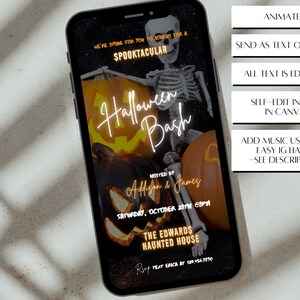 May include: A digital invitation for a Halloween party with a skeleton holding a pumpkin. The text reads "We're dying for you to join us for a Spooktacular Halloween Bash" and includes the date, time, and location of the party.