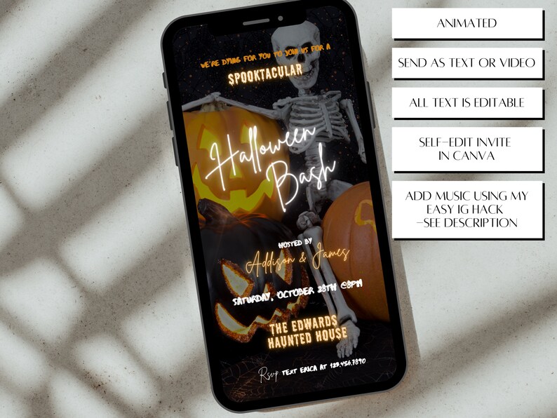 May include: A digital invitation for a Halloween party with a skeleton holding a pumpkin. The text reads "We're dying for you to join us for a Spooktacular Halloween Bash" and includes the date, time, and location of the party.