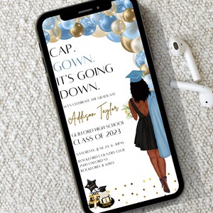 Black Girl Graduation Party Invite, Light Blue Gold Grad Party Evite