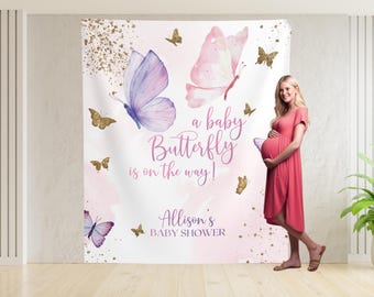 Butterfly Baby Shower Backdrop, Little Butterfly Baby Shower Banner, Pink Purple Gold Butterfly Baby Shower Decor, Butterfly Backdrop Girl