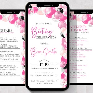BIRTHDAY TRIP Itinerary, Pink Black Balloon Garland Mobile Itinerary, Digital Trip Invitation, Editable Template, Girls Trip Invite, SJC213