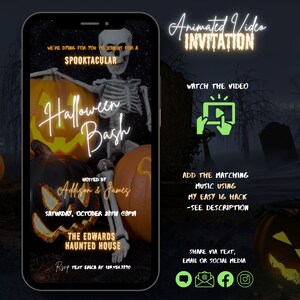 May include: Animated video invitation for a Halloween bash hosted by Addison & James. The invitation features a skeleton holding a jack-o-lantern and the text "Halloween Bash" in neon lights. The invitation also includes instructions on how to watch the video, add music, and share the invitation.