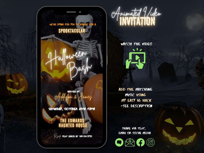 May include: Animated video invitation for a Halloween bash hosted by Addison & James. The invitation features a skeleton holding a jack-o-lantern and the text "Halloween Bash" in neon lights. The invitation also includes instructions on how to watch the video, add music, and share the invitation.